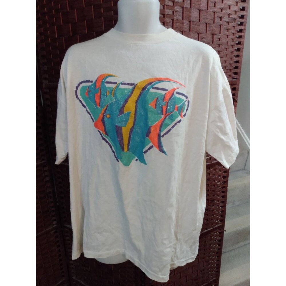 Vintage Tropical Fish Print T Shirt Single Stitch One Size 80s 90s XXL Unisex